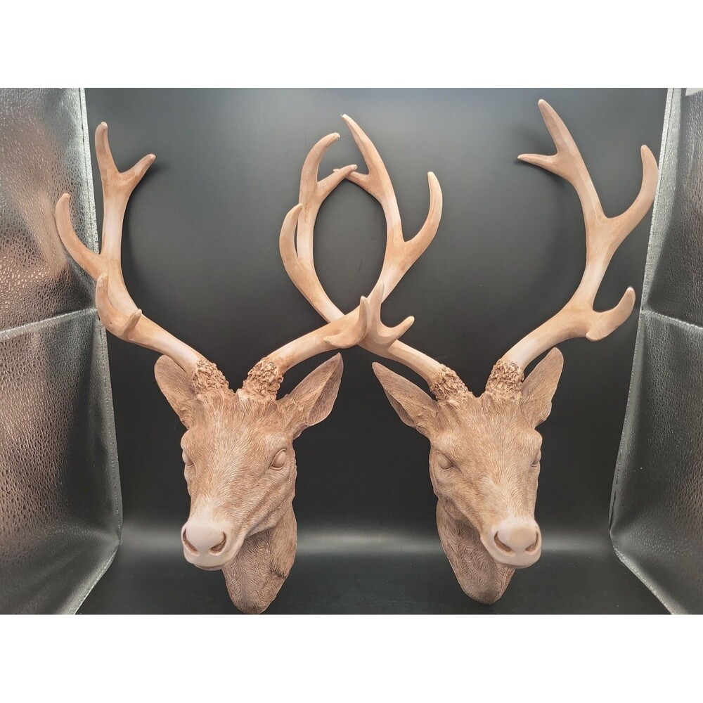 Set of 2  Wall Hanging Rustic  Deer Head Sculptures Lodge/Cabin Decor 16" Read